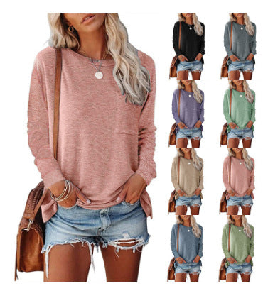 Damen lässiges Langarmshirt mit Taschen und Rundhalsausschnitt Heidi-Mode