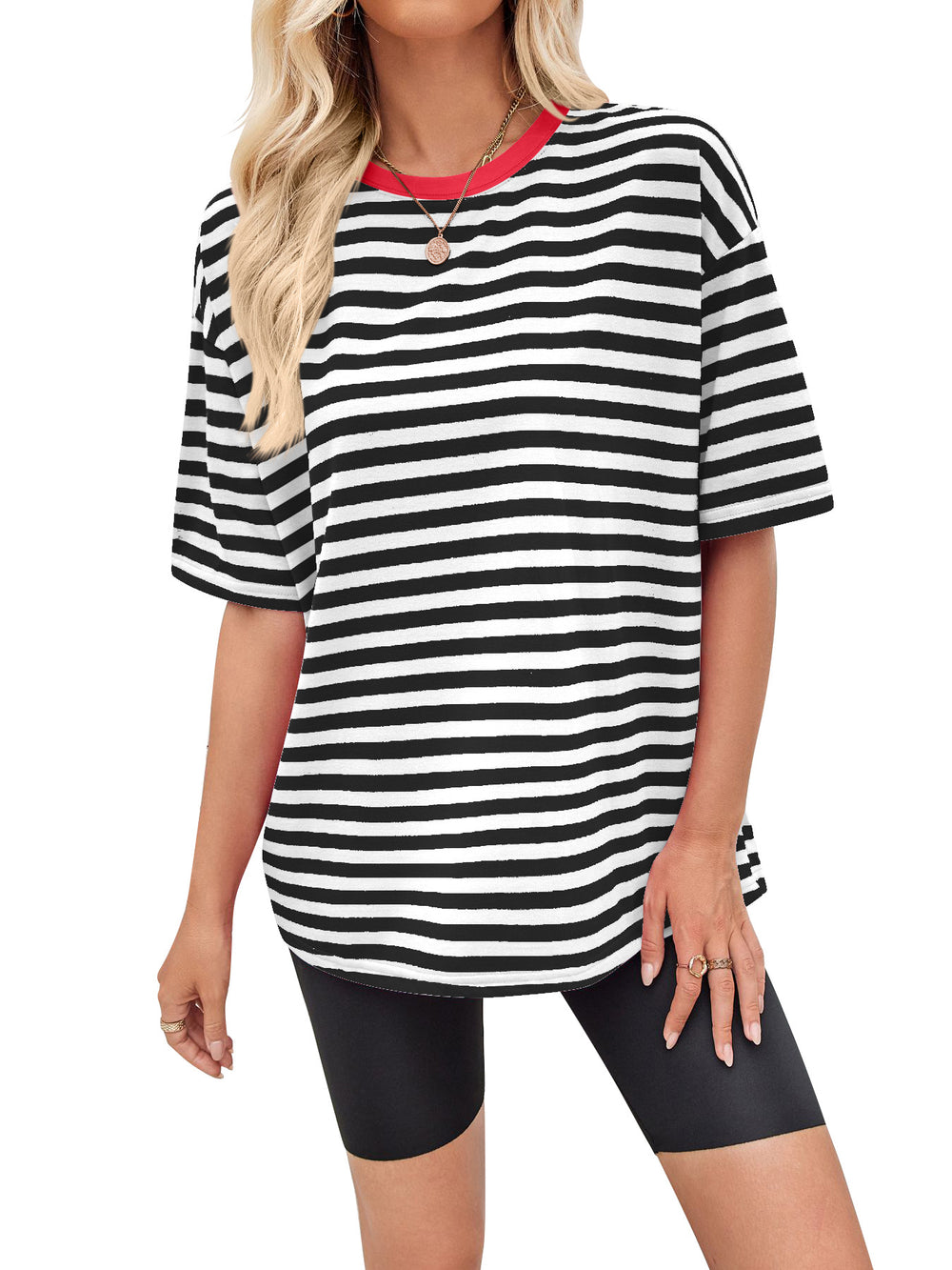 Damen gestreiftes Oversize T-Shirt mit Rundhalsausschnitt und Kontrastdetails Heidi-Mode
