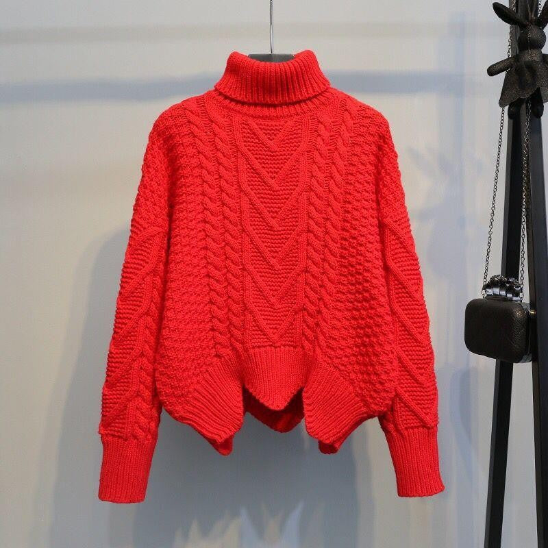 Damen Grobstrickpullover mit hochgeschlossenem Kragen und Zopfmuster Heidi-Mode