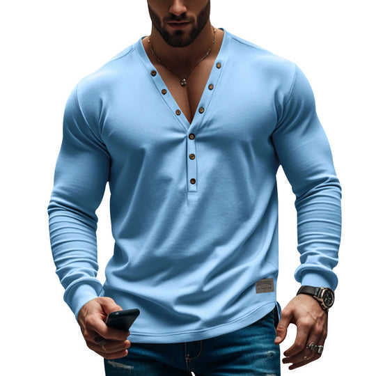 Herren Langarm Henley T-Shirt mit modernem Knopfverschluss und figurbetontem Schnitt Heidi-Mode