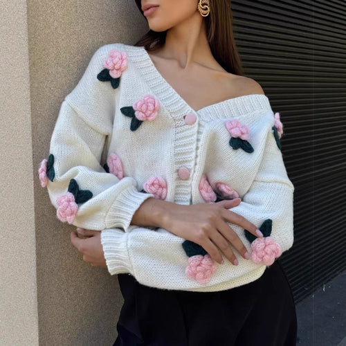 Damen Strickjacke mit floralem Stickdesign und geripptem Bund Heidi-Mode