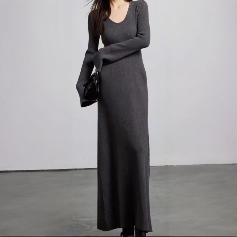 Damen elegantes Maxikleid mit feiner Rippstruktur und V-Ausschnitt Heidi-Mode