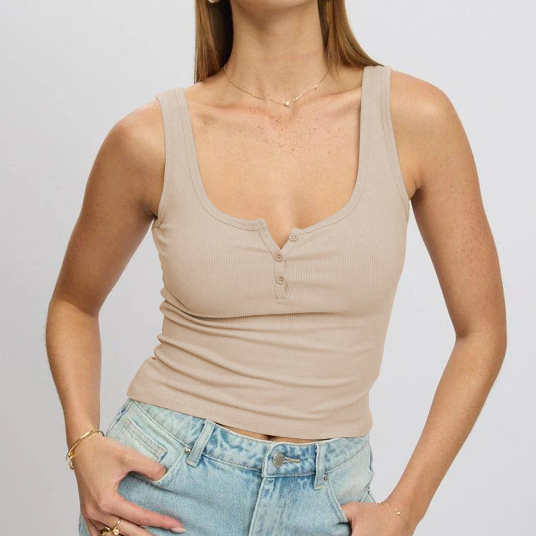 Damen körperbetontes Ripp-Top mit Knopfleiste und weitem Ausschnitt Heidi-Mode