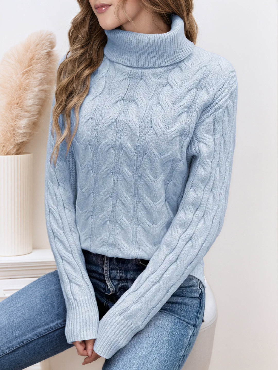 Damen Strickpullover mit hohem Kragen und Zopfmuster Heidi-Mode