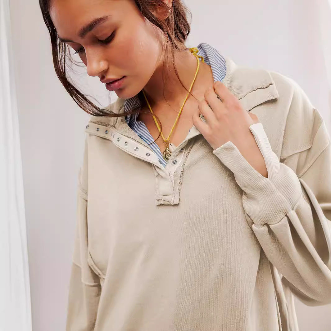 Damen Oversize Pullover mit Kragen und Druckknöpfen Heidi-Mode