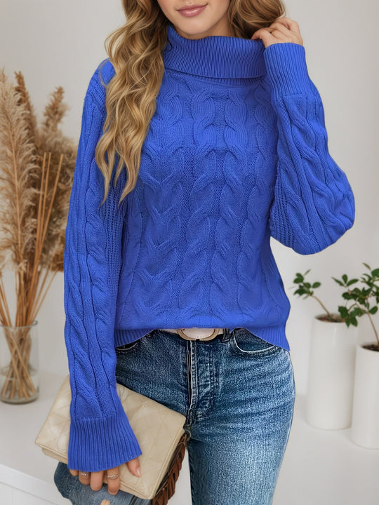 Damen Strickpullover mit hohem Kragen und Zopfmuster Heidi-Mode