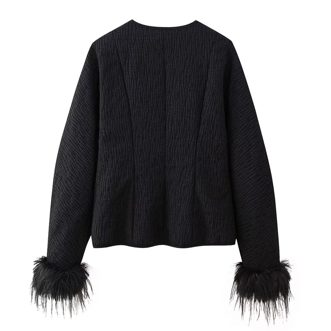 Damen modische Steppjacke mit raffiniertem Bindegürtel und eleganten Fuchsfell-Ärmeln Heidi-Mode