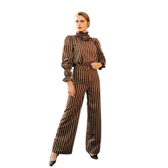 Damen gestreiftes Hosenanzug-Set mit voluminösen Ärmeln und Rüschendetails Heidi-Mode