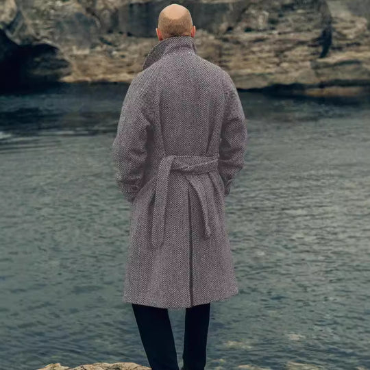 Herren Eleganter Wollmantel im klassischen Hahnentrittmuster mit Gürtel Heidi-Mode