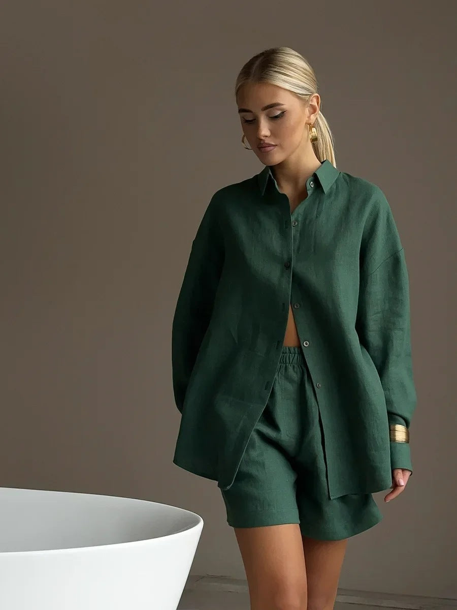 Damen lässiges Leinen Set mit lockerer Bluse und Shorts Heidi-Mode