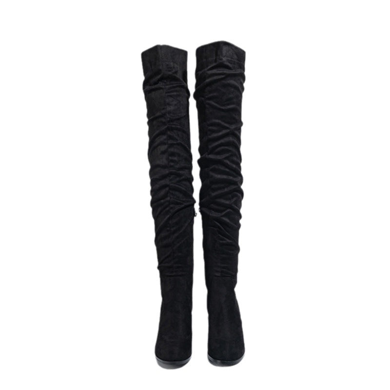 Damen Overknee Stiefel mit eleganter Raffung und plushigem Obermaterial Heidi-Mode