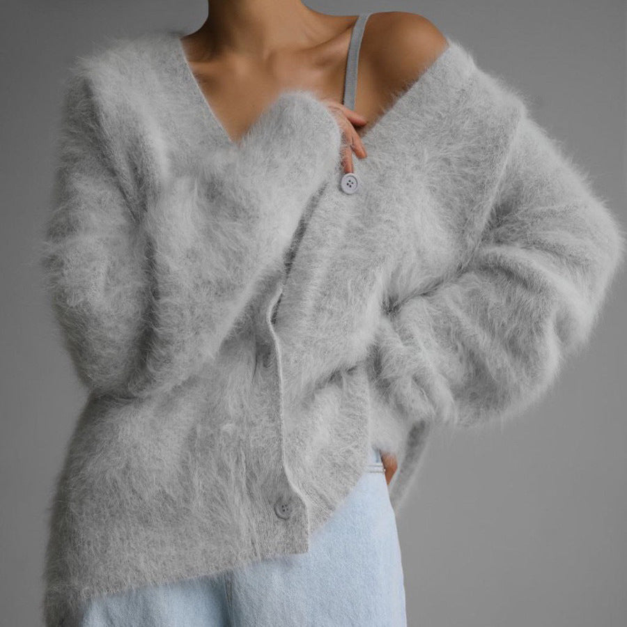 Damen kuschelige Strickjacke mit weichem Mohair-Mix und eleganter Knopfleiste Heidi-Mode