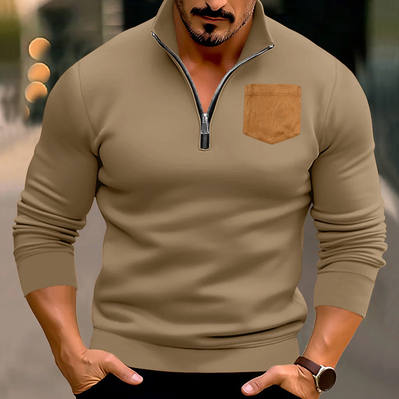 Herren sportlicher Pullover mit halbem Reißverschluss und kontrastierender Brusttasche Heidi-Mode