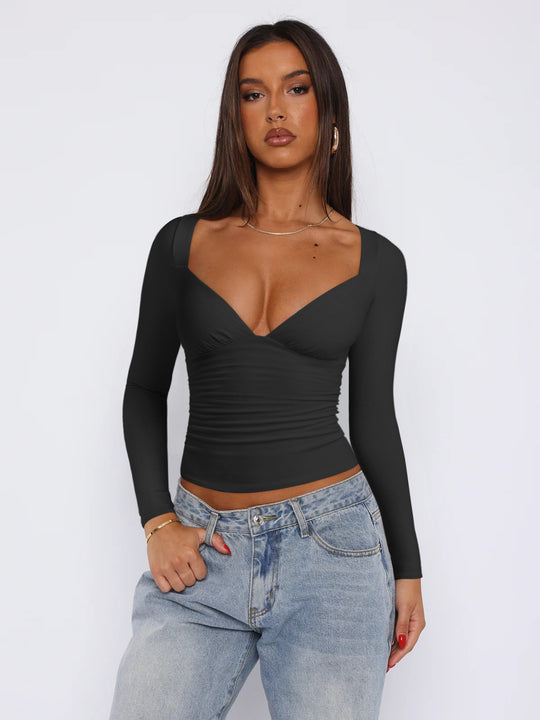 Damen figurbetontes Langarmoberteil mit V-Ausschnitt und Raffungen Heidi-Mode