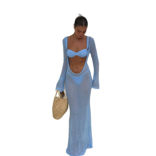 Damen transparentes Strandkleid mit langen Ärmeln und tiefem Ausschnitt Heidi-Mode