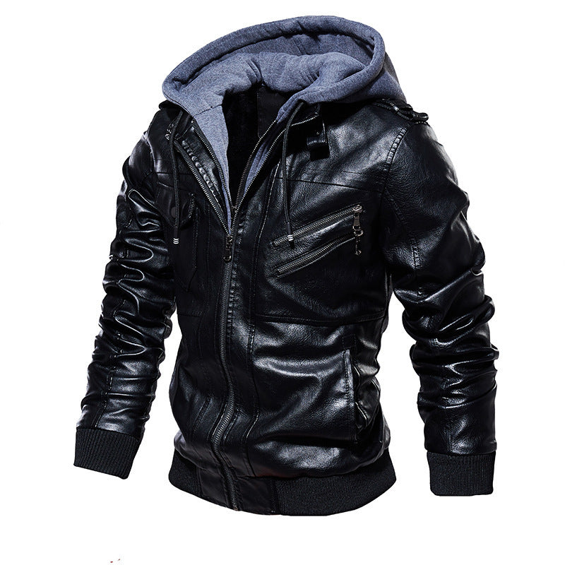 Herren lässige Kunstlederjacke mit abnehmbarer Kapuze und zahlreichen Taschen Heidi-Mode