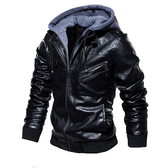 Herren lässige Kunstlederjacke mit abnehmbarer Kapuze und zahlreichen Taschen Heidi-Mode