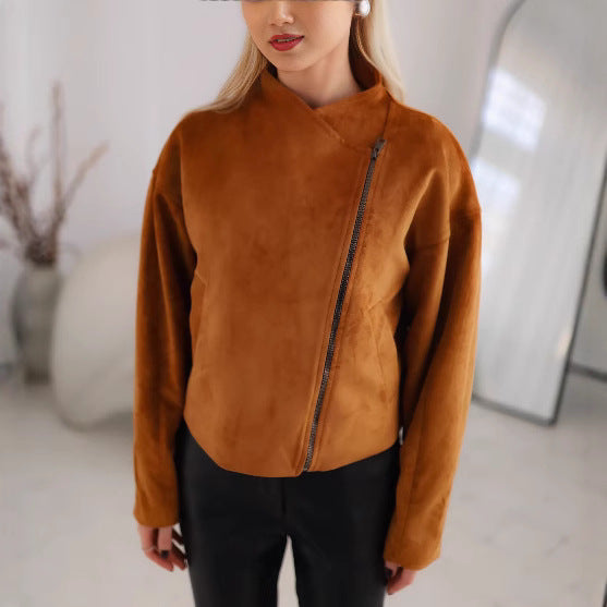 Damen Trendige Kurzjacke im lässigen Biker-Stil mit asymmetrischem Reißverschluss und tiefem Kragen Heidi-Mode