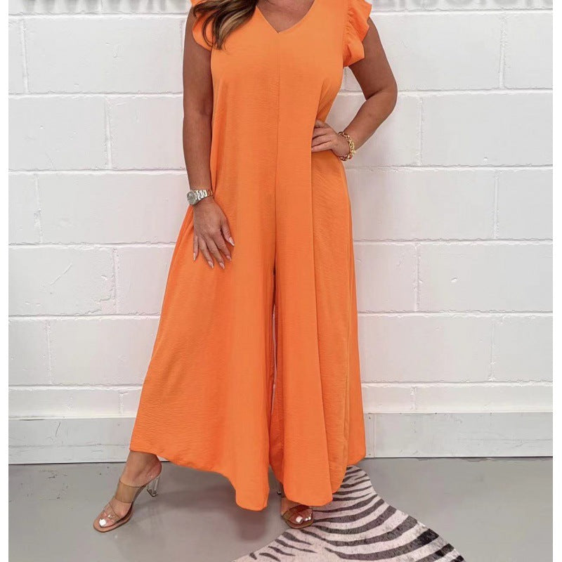 Damen luftiger Jumpsuit mit weit geschnittenem Bein und V-Ausschnitt Heidi-Mode