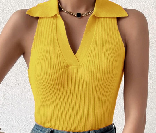 Damen Ärmelloses Strickoberteil mit modischem Kragen und Rippstruktur Heidi-Mode
