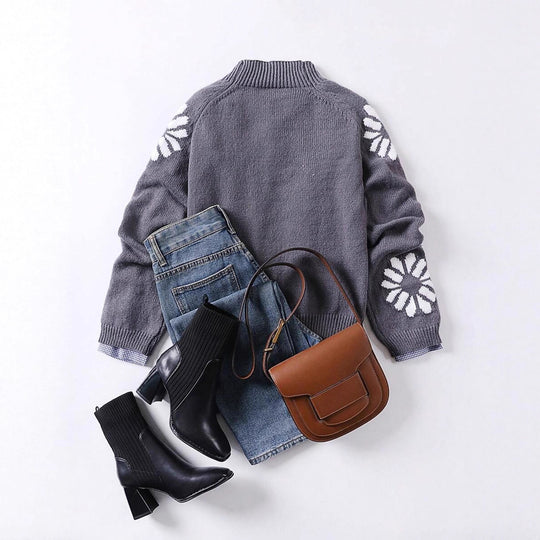 Damen Strickpullover mit floralem Motiv und modernem Rundhalsausschnitt Heidi-Mode