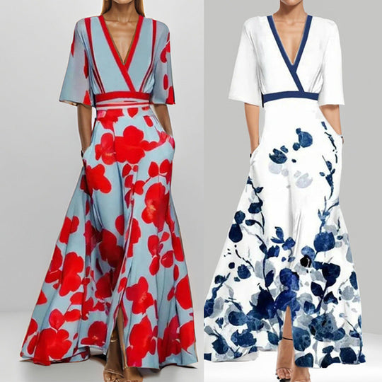 Heidi-Mode | Elegantes V-Ausschnitt Bedrucktes Taillenkleid mit Schößchen