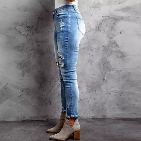 Damen Jeans im modernen Destroyed-Design mit aufregenden Tiermustern Heidi-Mode