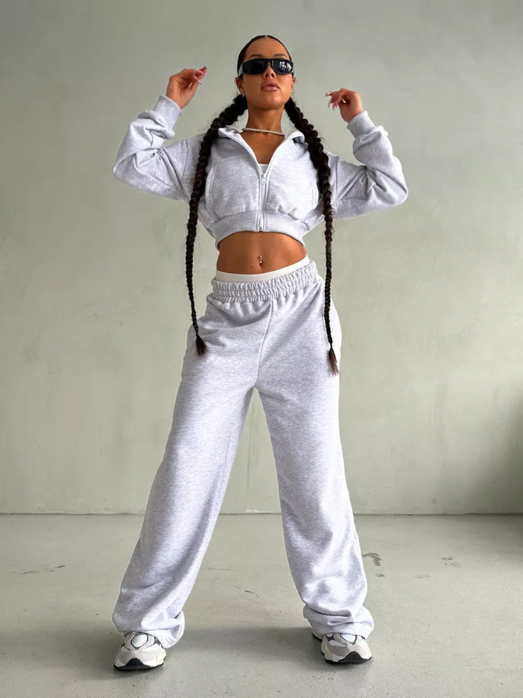 Damen moderner Cropped Hoodie und weite Jogginghose Set Heidi-Mode
