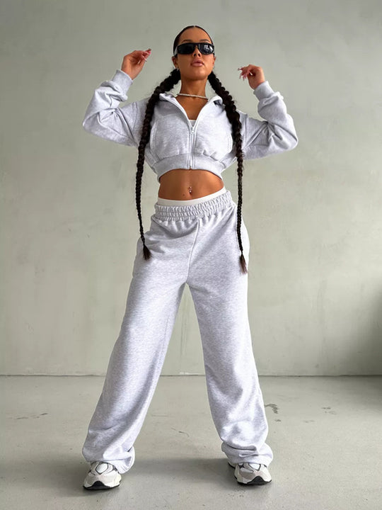 Damen moderner Cropped Hoodie und weite Jogginghose Set Heidi-Mode