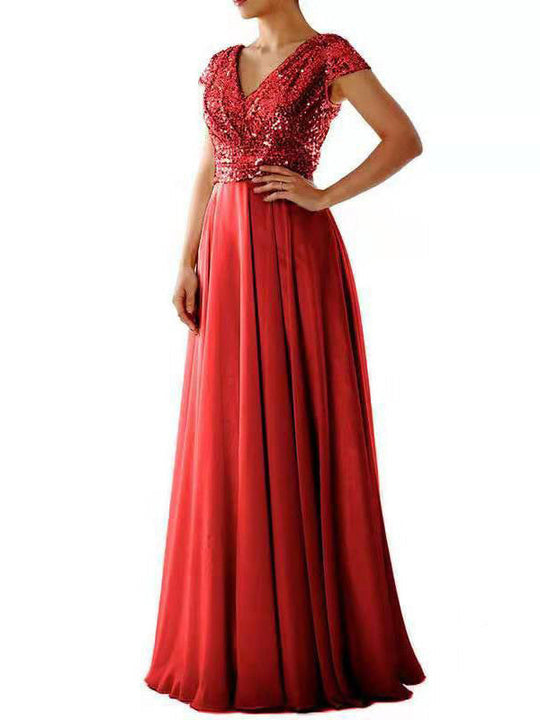 Heidi-Mode | Damen Kleider V-Ausschnitt Paillette Chiffon Paneel Maxi Kleid