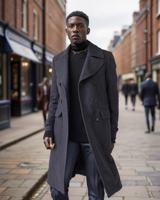 Herren eleganter Dufflecoat mit tiefem Revers und praktischen Taschen Heidi-Mode