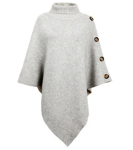 Damen Strick-Poncho mit steigendem Kragen und dekorativen Knopfdetails Heidi-Mode