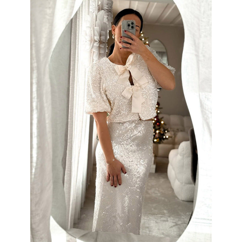 Damen Paillettenbluse mit Schleifendetails Heidi-Mode