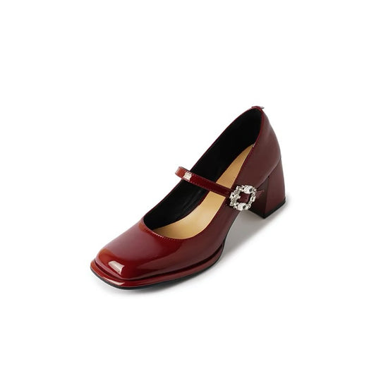 Damen Lackleder Blockabsatz Mary Jane Schuhe mit dekorativem Schnallen Heidi-Mode