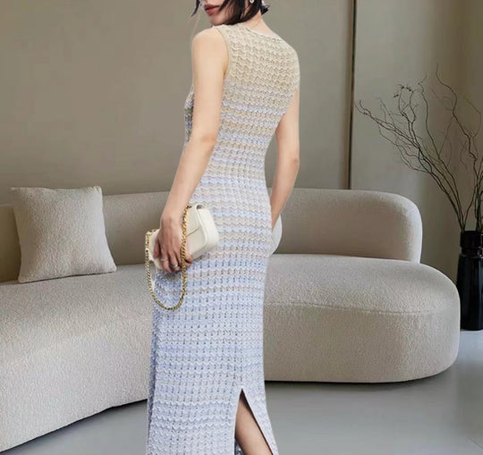 Damen Strick-Maxikleid mit seitlichem Schlitz und elegantem Muster Heidi-Mode