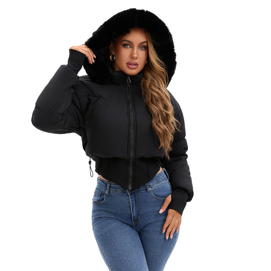 Damen cropped Daunenjacke mit abnehmbarer Kapuze und Kunstfellbesatz Heidi-Mode