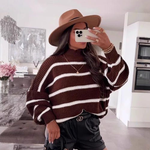 Damen gestreifter Oversized-Pullover mit modischem Rollkragen Heidi-Mode