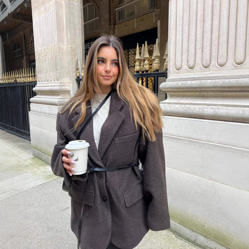 Damen Oversized Blazer mit Gürtel und eleganten Details Heidi-Mode