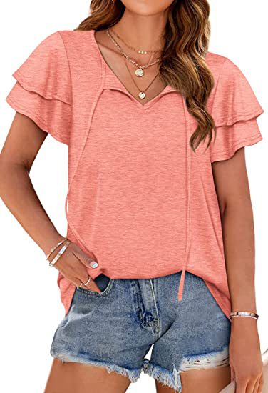 Damen lässiges V-Ausschnitt T-Shirt mit verspielten Rüschendetails und verstellbarem Kordelzug Heidi-Mode