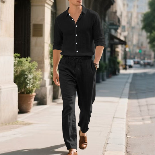 Herren entspannte Leinenhose mit verstellbarem Kordelzug und elastischem Bund Heidi-Mode