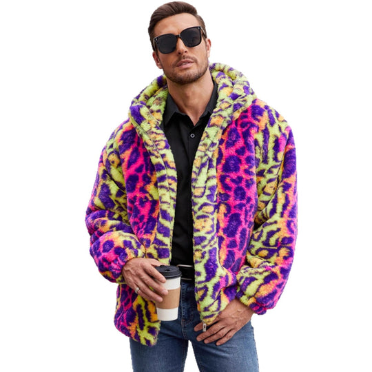 Herren Plüschjacke mit auffälligem Tierprint und Kapuze Heidi-Mode