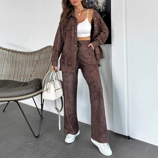 Damen Lässiges Blusen- und Hosen-Set aus weichem Material mit besonderen Texturen Heidi-Mode