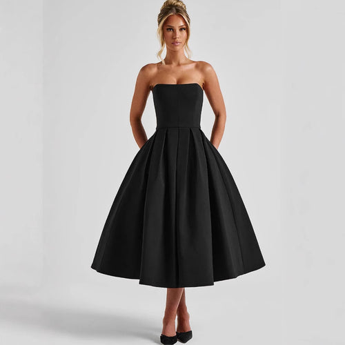 Damen Elegantes Midi-Kleid mit schwingendem Rock und raffiniertem Bandeau-Ausschnitt Heidi-Mode
