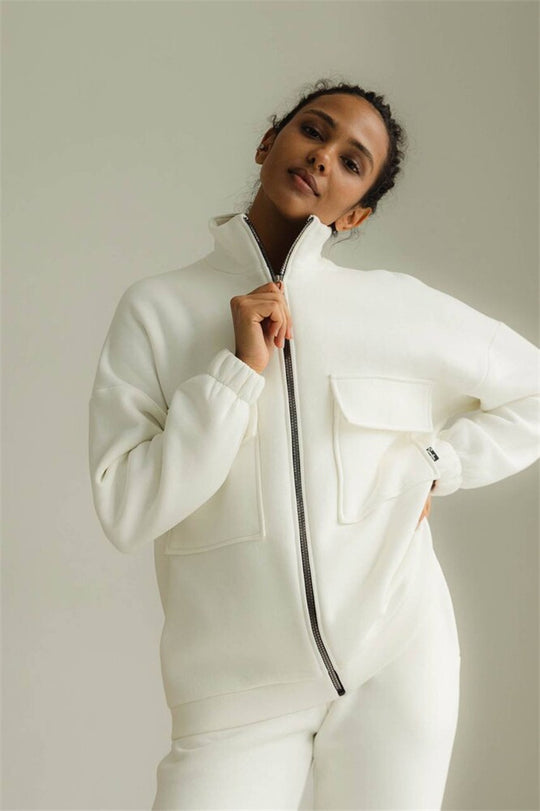 Damen bequeme Fleece-Jacke mit hohem Kragen und praktischen Taschen Heidi-Mode