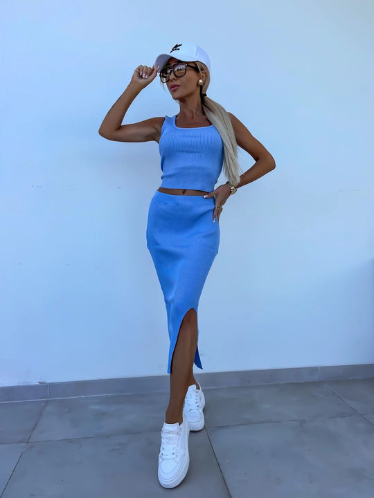 Damen modisches Strick-Set mit Crop-Top und Schlitzrock Heidi-Mode