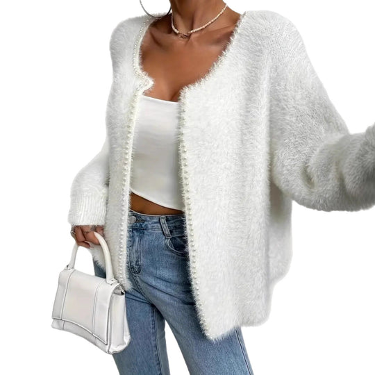 Damen Flauschiger Cardigan mit Perlknöpfen und lässigem Schnitt Heidi-Mode