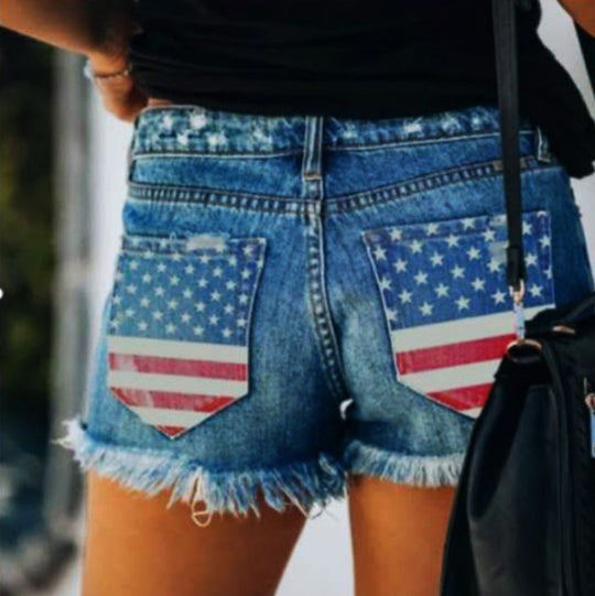 Damen Denim-Shorts im lässigen Style mit amerikanischem Flaggen-Print und fransigen Säumen Heidi-Mode