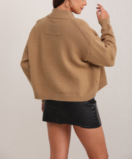 Damen Grobstrick Pullover mit hohem Kragen und breiten Ärmeln Heidi-Mode