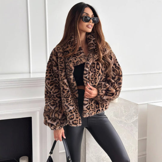 Damen kuschelige Leopardenfell Jacke Heidi-Mode