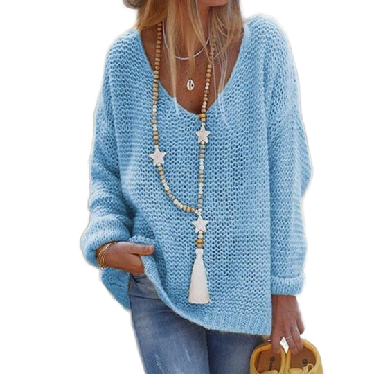 Damen Grobstrickpullover mit tiefem V-Ausschnitt und lässigem Schnitt Heidi-Mode